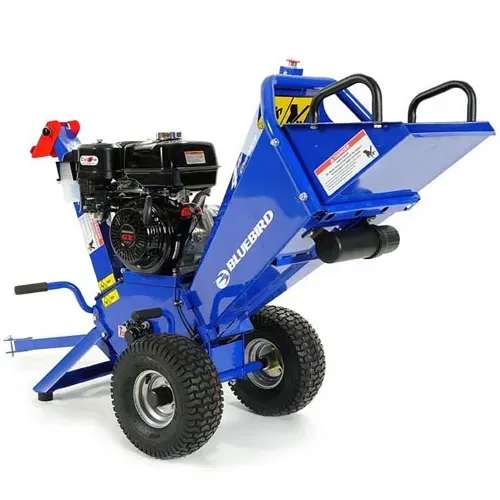 Blue wheelbarrow-style gas-powered wood chipper on a white background