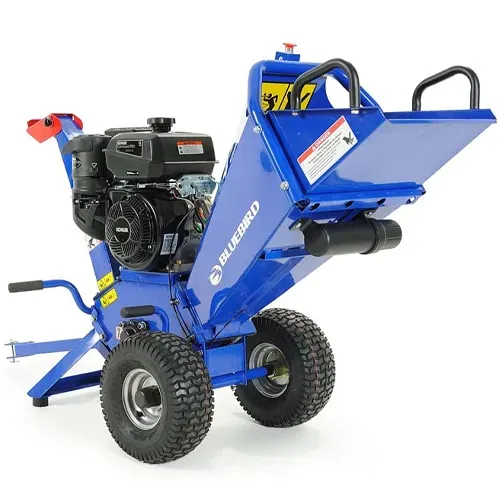 Blue Yardmax gas-powered chipper shredder on wheels, shown in side view on a white background