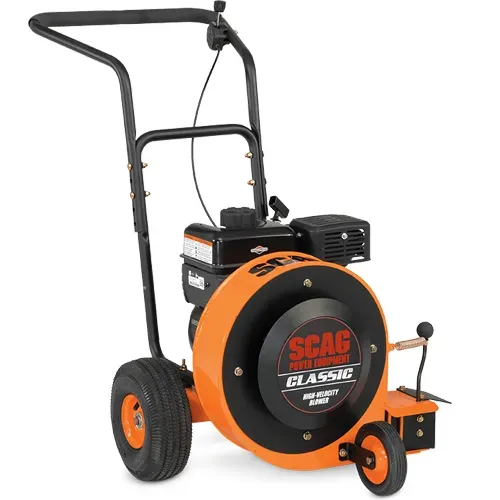 Orange and black SCAG Classic walk-behind lawn mower with large rear wheels and handlebar