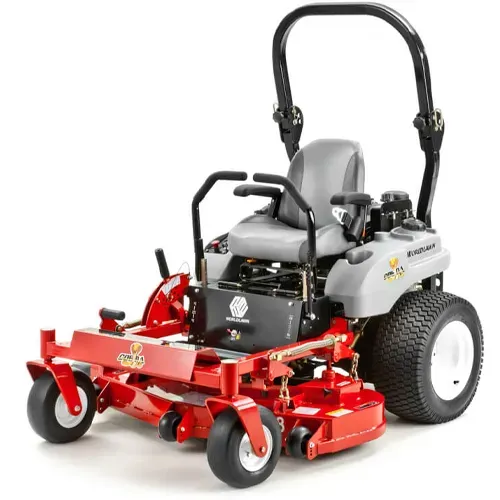 Red riding lawn mower with gray seat, roll bar, and front-mounted cutting deck on white background