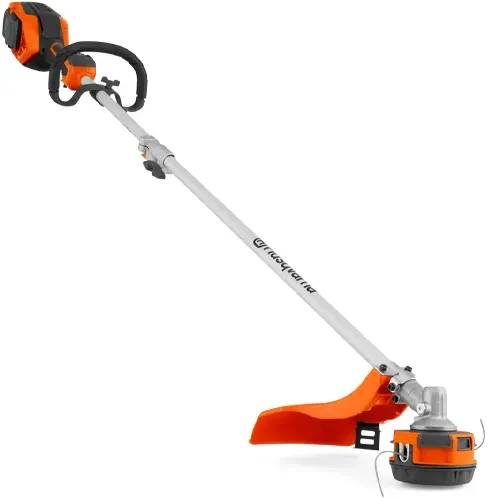 Orange-and-black string trimmer with long shaft and safety guard, isolated on white background