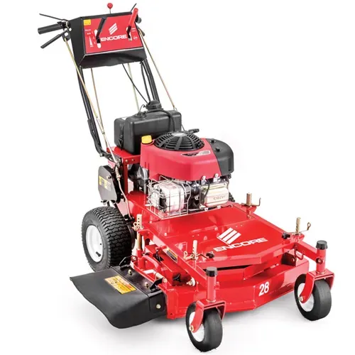 Red commercial lawn mower with black wheels and red deck on a white background