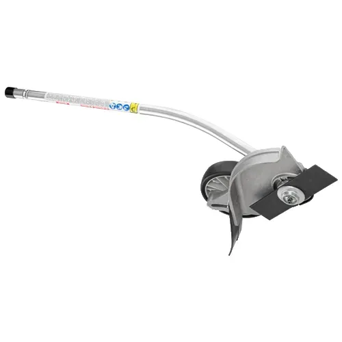 Adjustable wheeled garden edger with curved metal handle and black cutting blade