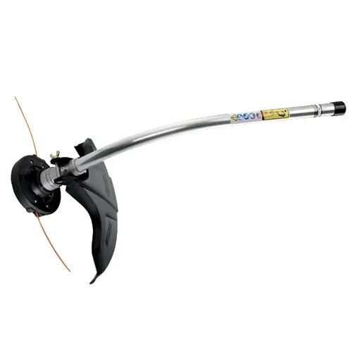 Gas string trimmer with curved shaft and black cutting guard