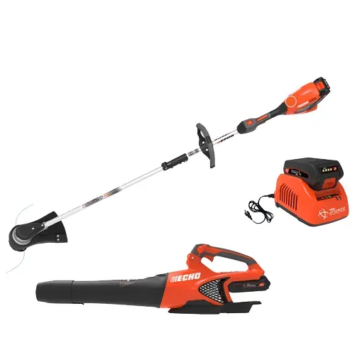 Orange and black Echo cordless power tools: pole saw, leaf blower, and battery charger on white background