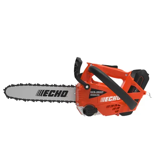 Orange Echo chainsaw with silver blade on a white background