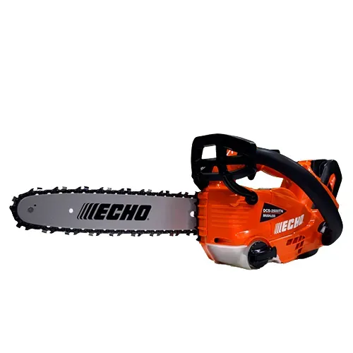 Orange and black Echo chainsaw with silver blade on a white background