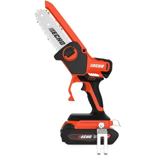 Orange and black ECHO cordless pruning saw with battery pack, shown upright on white background