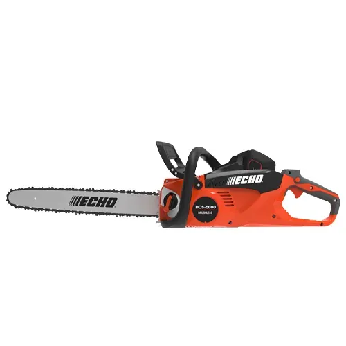 Orange and black ECHO chainsaw with silver blade on a white background