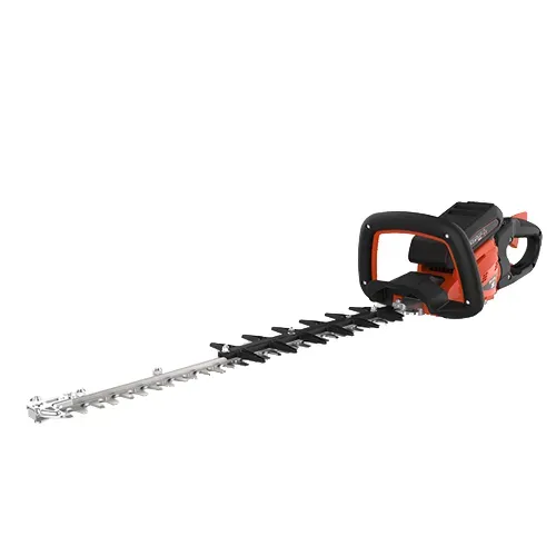 Black and orange cordless hedge trimmer with long silver blade on a white background