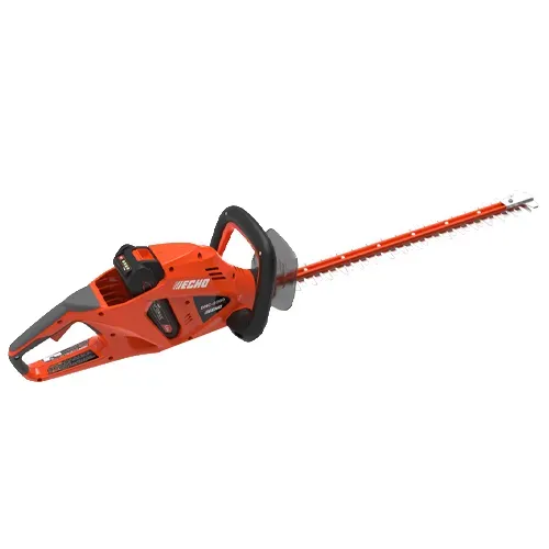 Orange cordless hedge trimmer with black handle and long blade on a white background