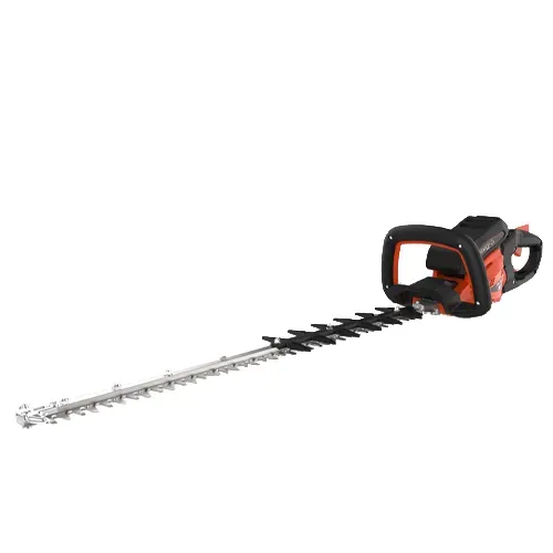 Cordless black-and-red hedge trimmer with a long metal blade on a white background