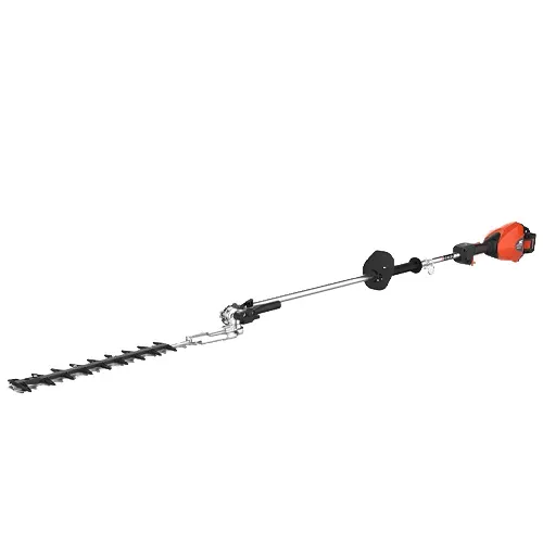 Orange-and-black gas-powered hedge trimmer with long blade and shoulder strap on white background