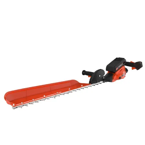 Orange and black hedge trimmer with long blade on white background