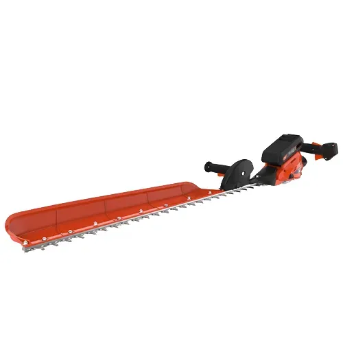 Orange hedge trimmer attachment with a long cutting blade on a black power head