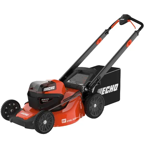 Orange and black Echo cordless lawn mower with bagger on a white background