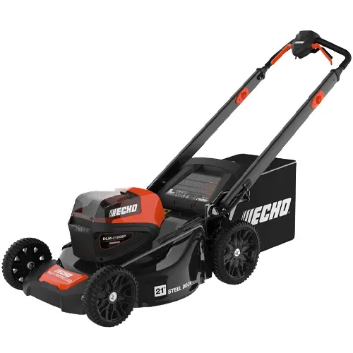 Black-and-orange ECHO electric lawn mower with wheels and rear bag on a white background