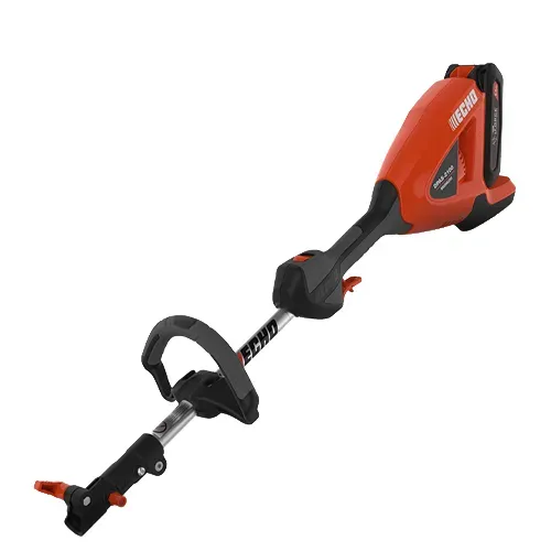 Red cordless string trimmer with black handle and shaft on white background