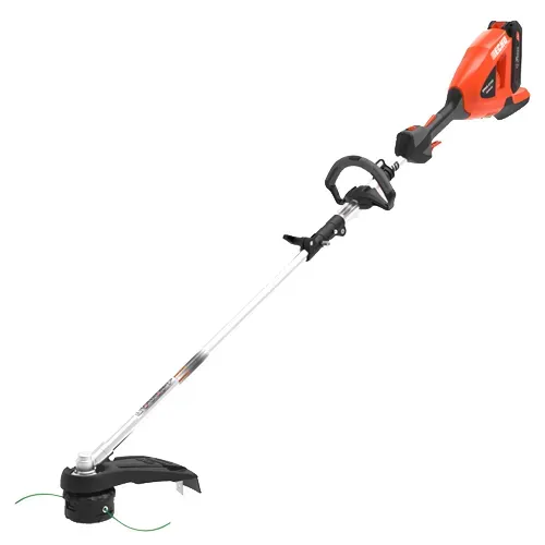 Orange cordless string trimmer with a long silver shaft and black handle on a white background