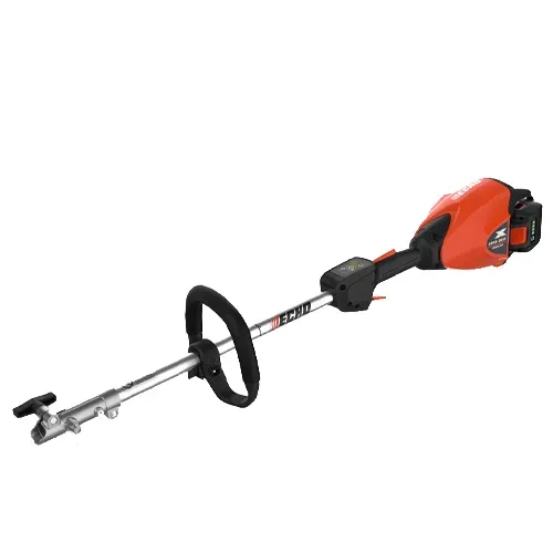 Orange and black cordless string trimmer with a long shaft and loop handle on a white background