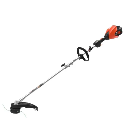Orange and black string trimmer with long shaft and loop handle on white background
