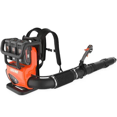 Orange and black backpack leaf blower with hose and nozzle on a white background