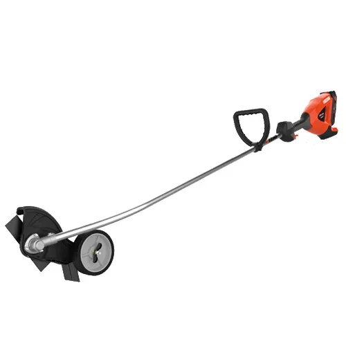 Gas-powered string trimmer with black wheel attachment on a white background