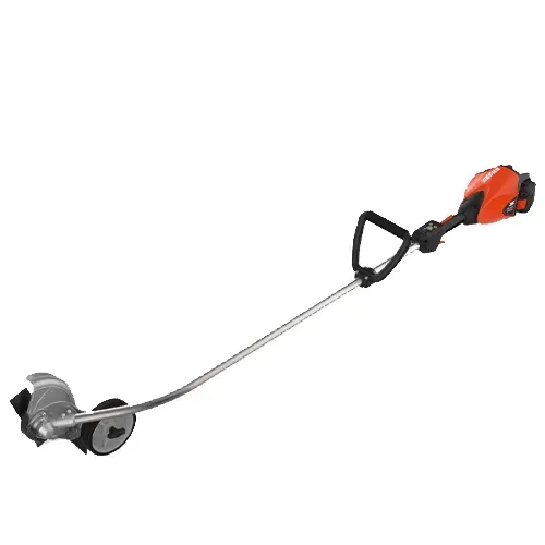 Orange and black string trimmer with curved shaft and handle, isolated on white background