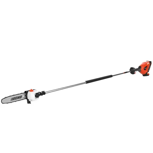 Orange and gray electric pole saw with extended black shaft on a white background
