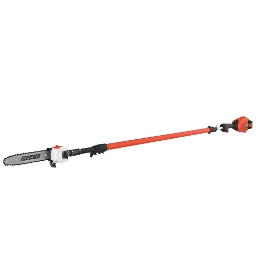 Orange and black pole saw with chainsaw blade on a white background