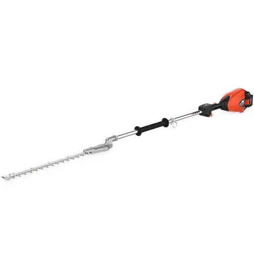 Orange cordless hedge trimmer with long silver blade and black shaft on white background