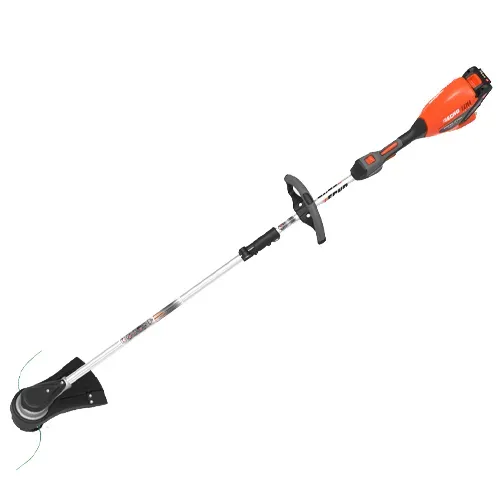 Orange and black electric string trimmer with a long shaft on a white background
