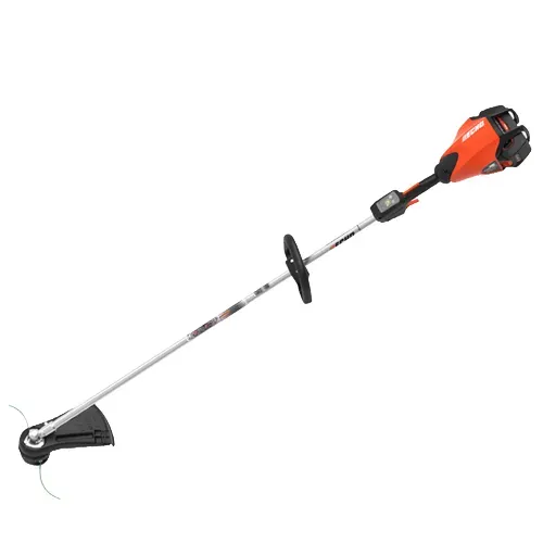 Orange and black string trimmer with a long shaft and cutting head on a white background