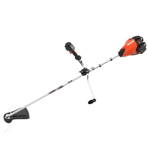 Gas-powered string trimmer with orange engine and black cutting head on white background