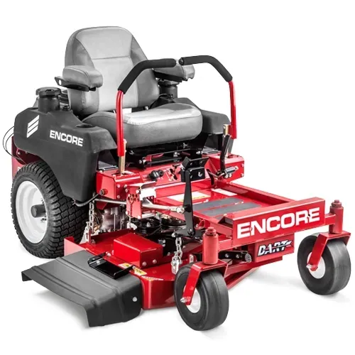 Red Encore zero-turn riding lawn mower with gray seat and black wheels on white background