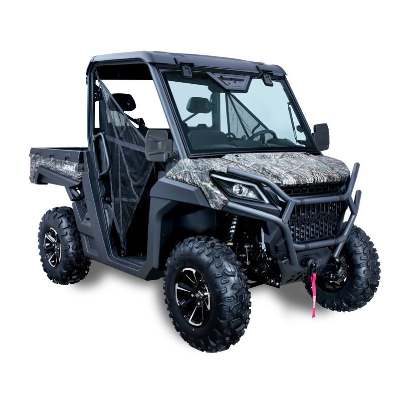 Camouflaged black side-by-side off-road vehicle with roll cage and large tires on a white background