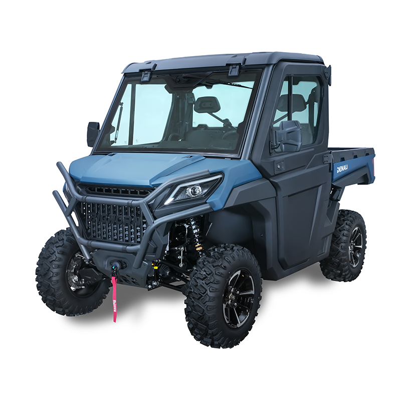 Blue off-road utility vehicle with roll cage and large knobby tires on a white background