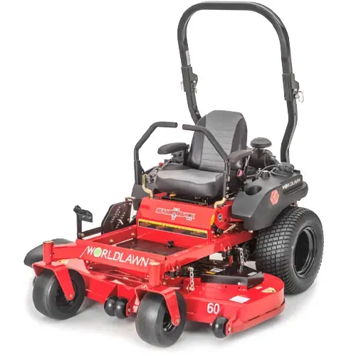 Red riding lawn mower with black seat and roll bar, shown in profile on a white background