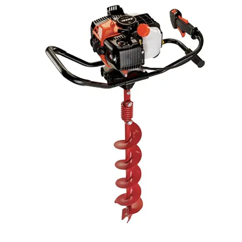 Red gas-powered earth auger with black handles and a spiral drill bit.