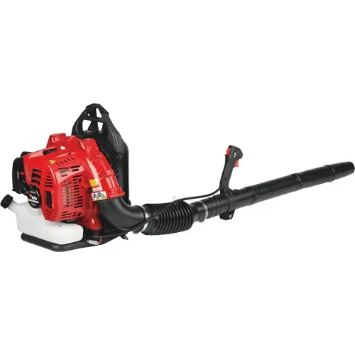Red gas-powered leaf blower with black tube on a white background