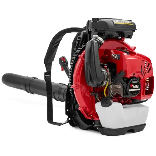 Red backpack leaf blower with black straps and nozzle on a white background