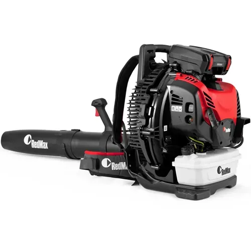 Red and black RedMax backpack leaf blower with white collection bag on a white background