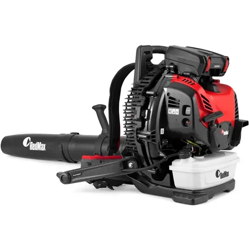 Red and black leaf blower backpack with white collection bag on a white background