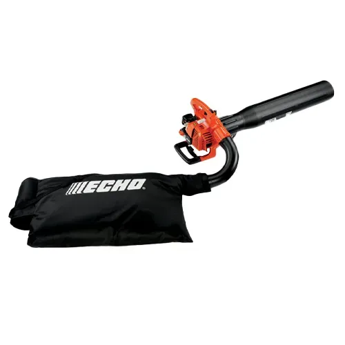 Black and orange ECHO leaf blower with attached collection bag on a white background