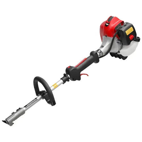 Red and black gas-powered pole trimmer with long silver shaft and cutting head on white background