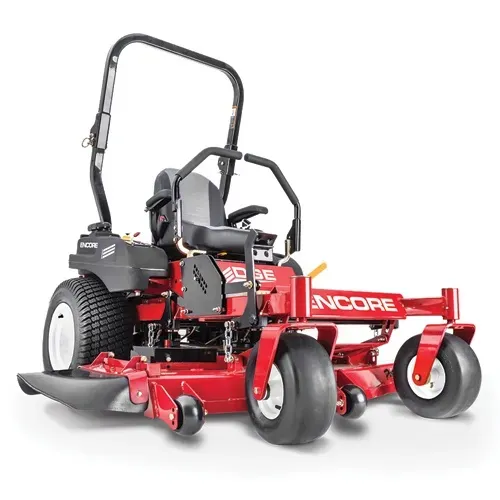 Red Encore zero-turn lawn mower with black seat and roll bar on a white background