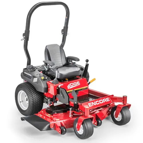 Red Encore zero-turn mower with front attachment and black roll bar on white background
