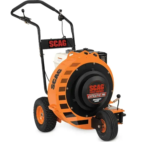 Orange and black SCAG leaf blower on a wheeled cart with handlebars