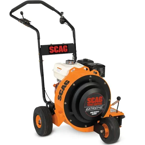 Orange and black SCAG walk-behind leaf blower with wheels and handle