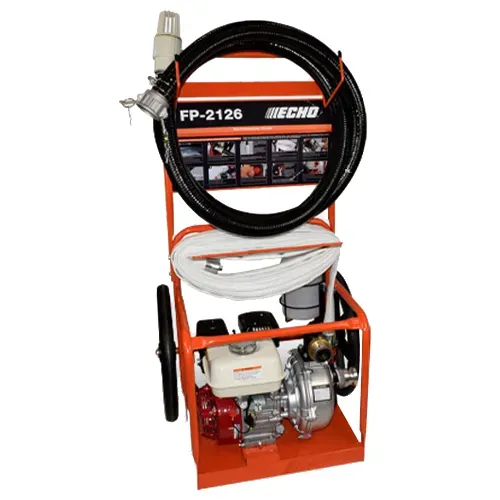 Portable orange fire pump with hose, nozzle, and engine unit on a white background